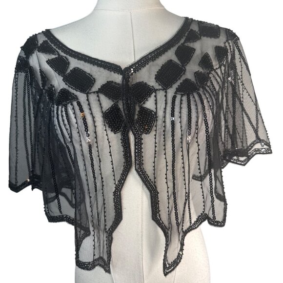Black Sequin Mesh Geometric Shapes Cape Sheer Evening Wrap NWT - Picture 2 of 14